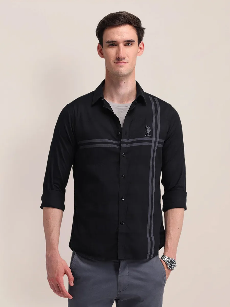 US POLO solid black slim fit cotton shirt