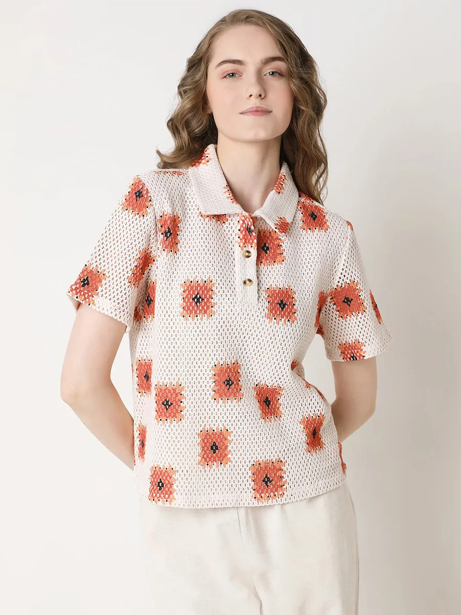 VERO MODA cream cotton printed polo t-shirt