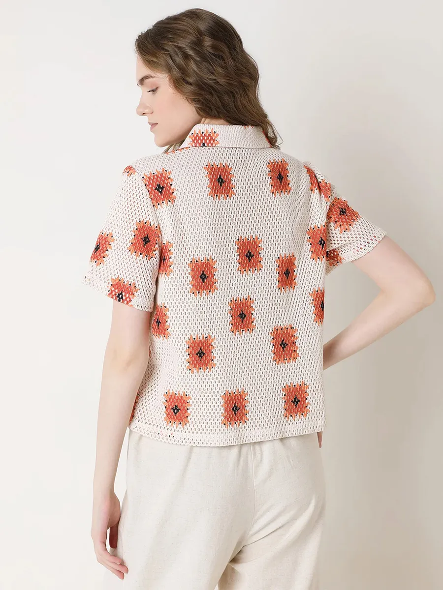 VERO MODA cream cotton printed polo t-shirt