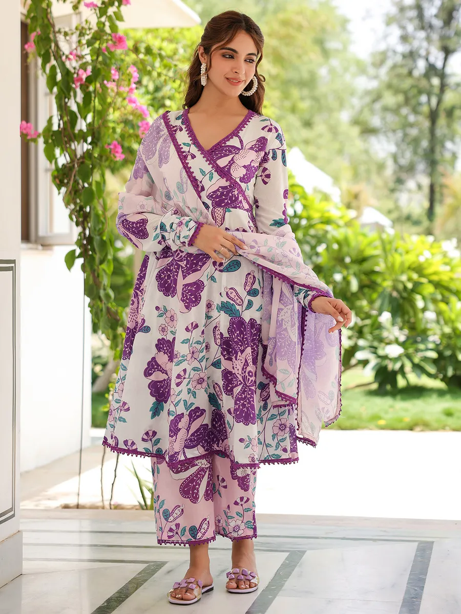 Violet and white cotton kurti set