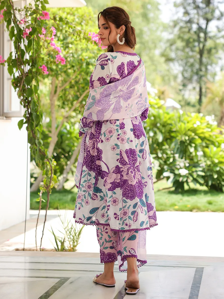 Violet and white cotton kurti set