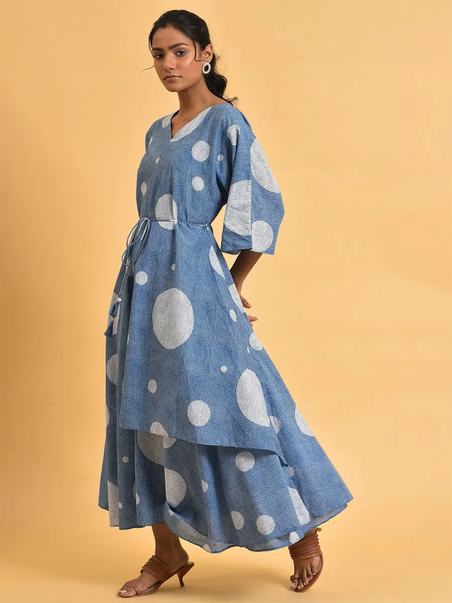 W blue cotton polka printed dress