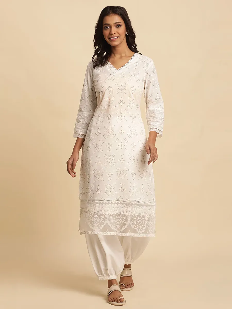 W off-white printed kurti in cotton