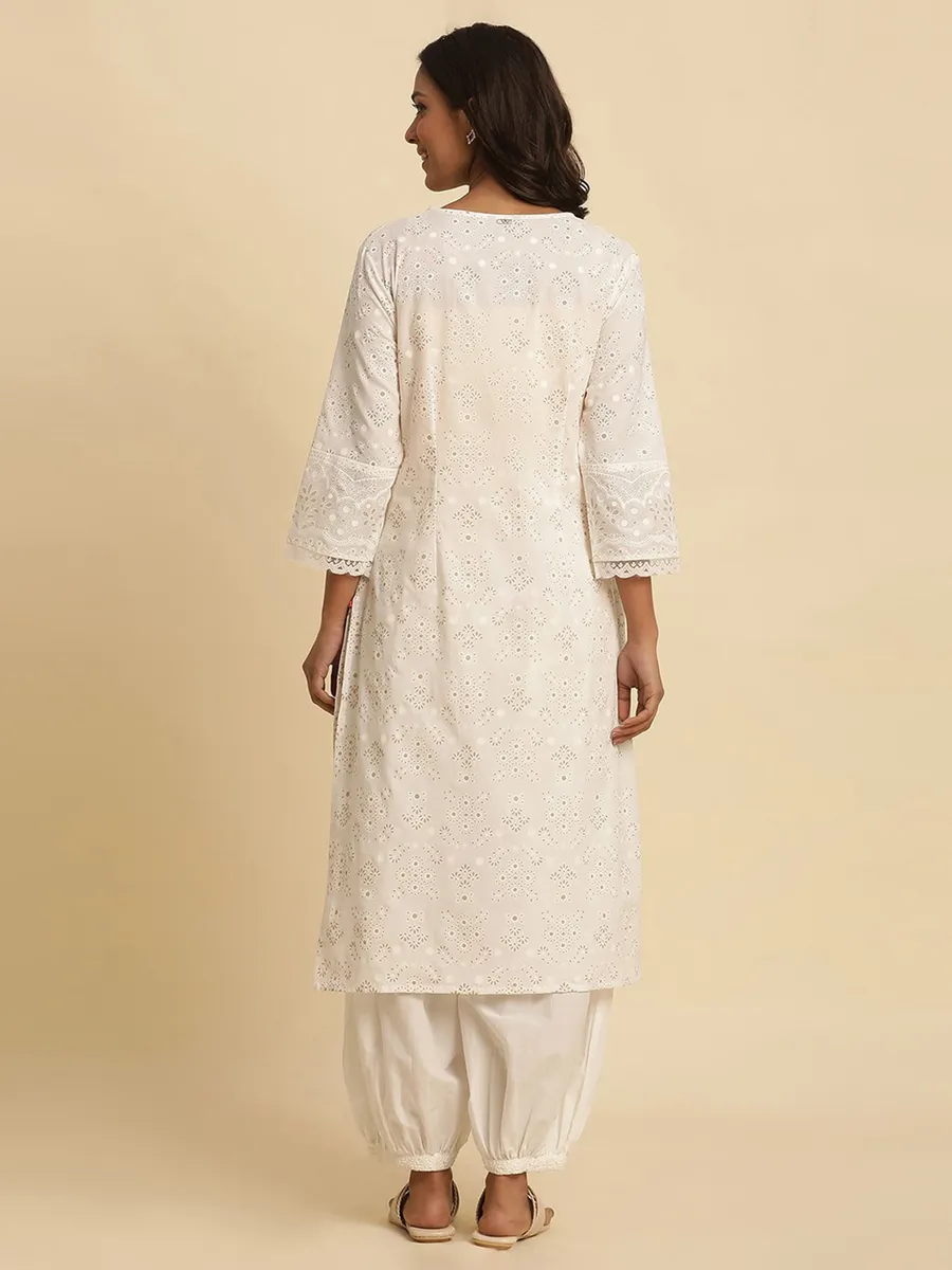 W off-white printed kurti in cotton