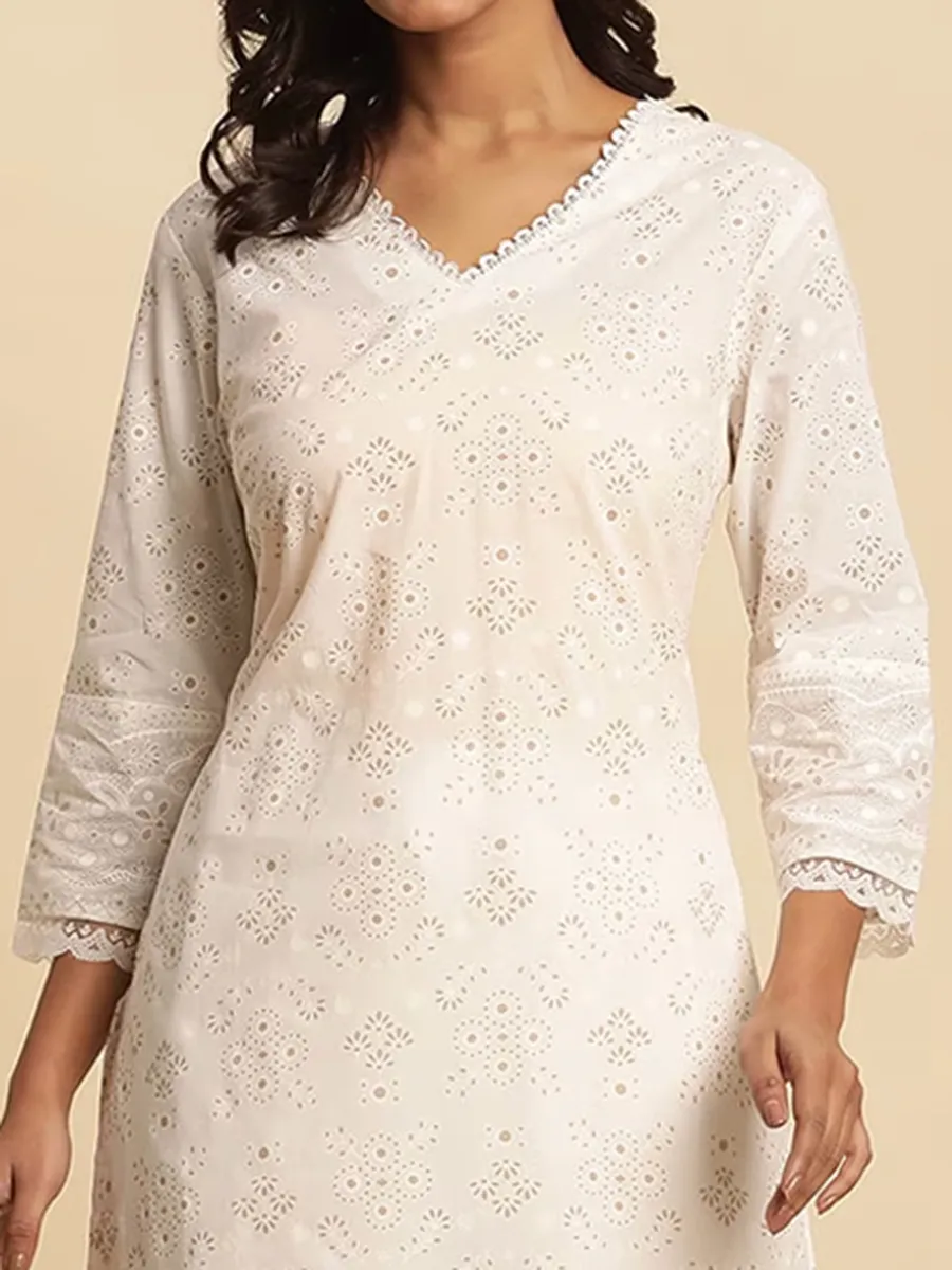 W off-white printed kurti in cotton