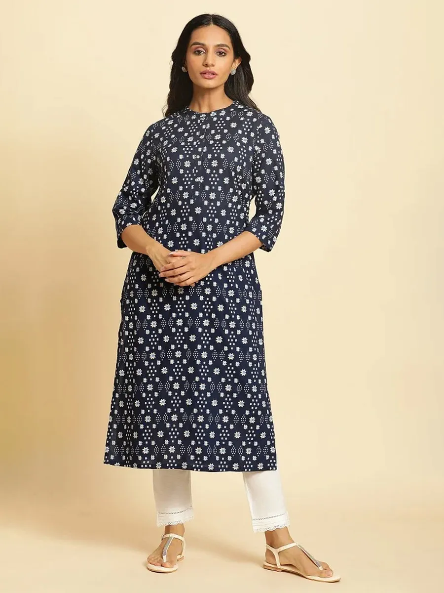 W printed navy cotton kurti