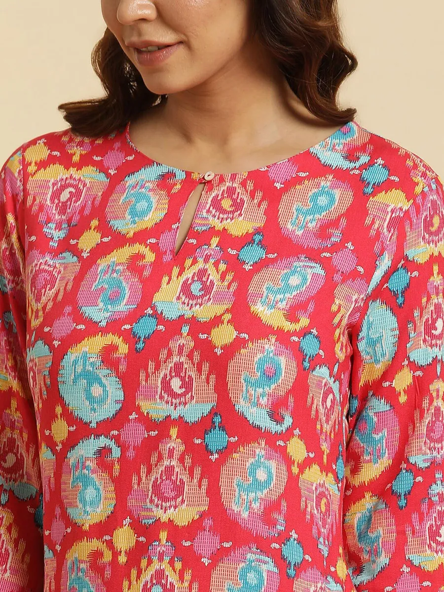 W printed red cotton kurti