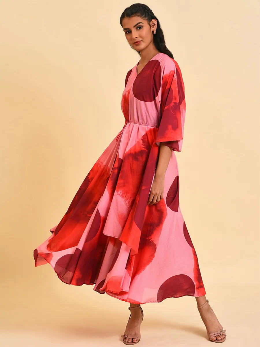 W red and pink cotton printed dress