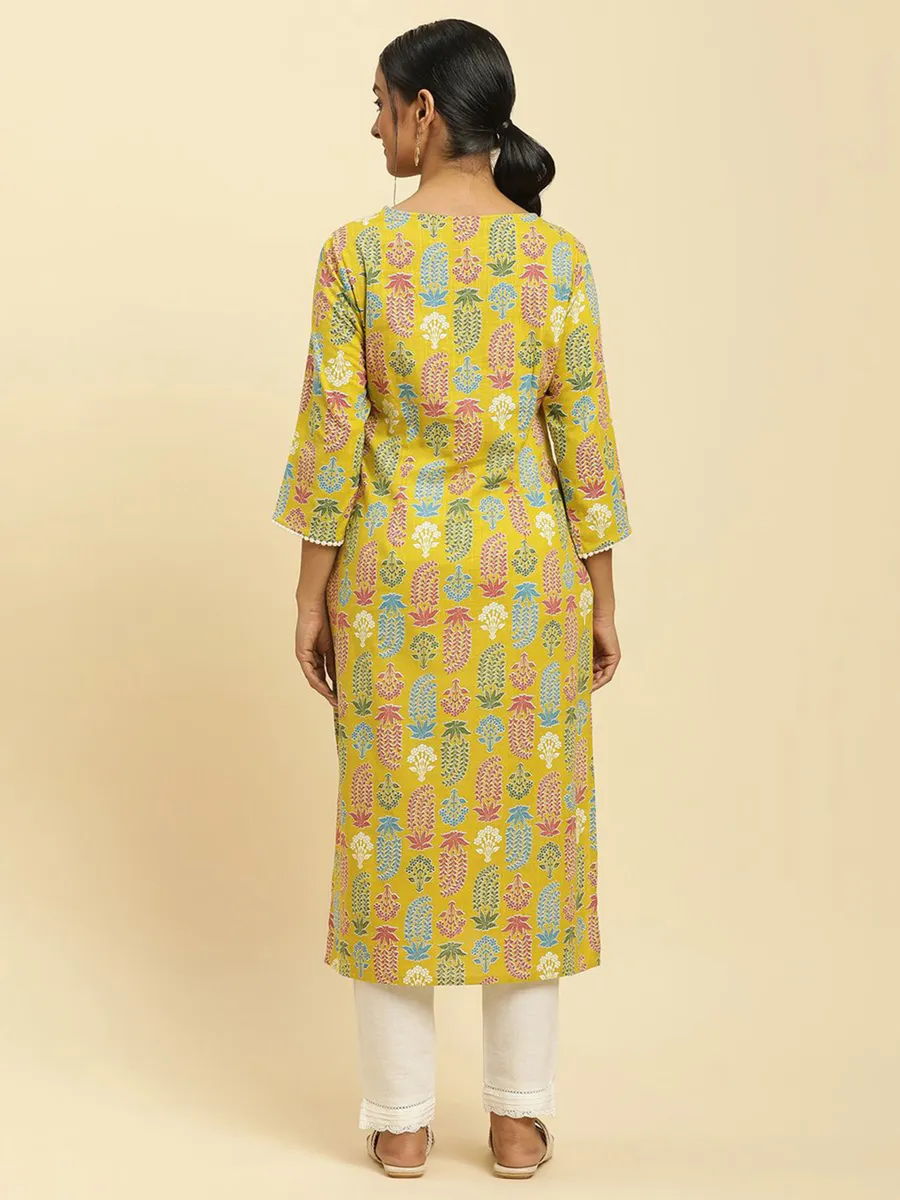 W yellow cotton printed kurti