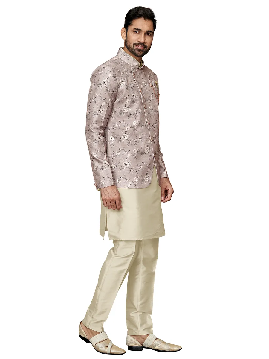 Wedding look beige indowestern in silk