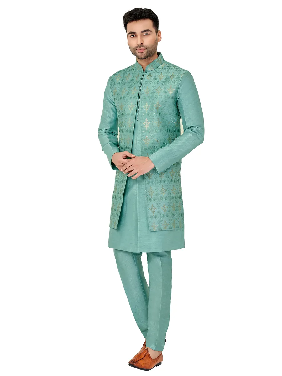 Wedding sea green silk indowestern