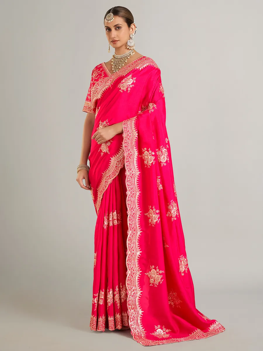 Wedding style magenta silk saree for