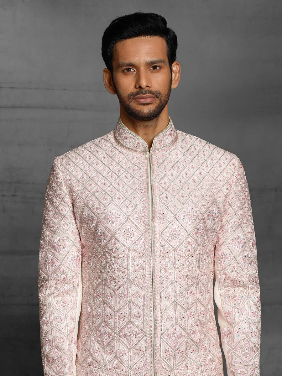 Wedding wear attractive silk sherwani in peach color