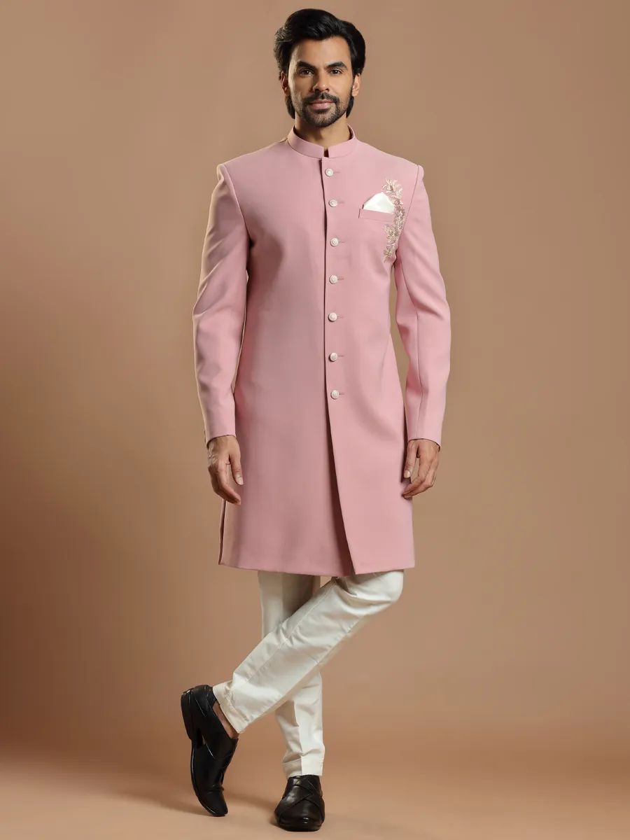 Wedding wear baby pink hued terry rayon indowestern for mens