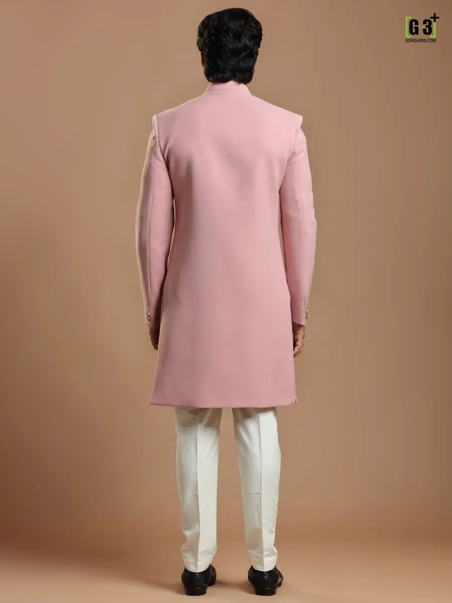 Wedding wear baby pink hued terry rayon indowestern for mens