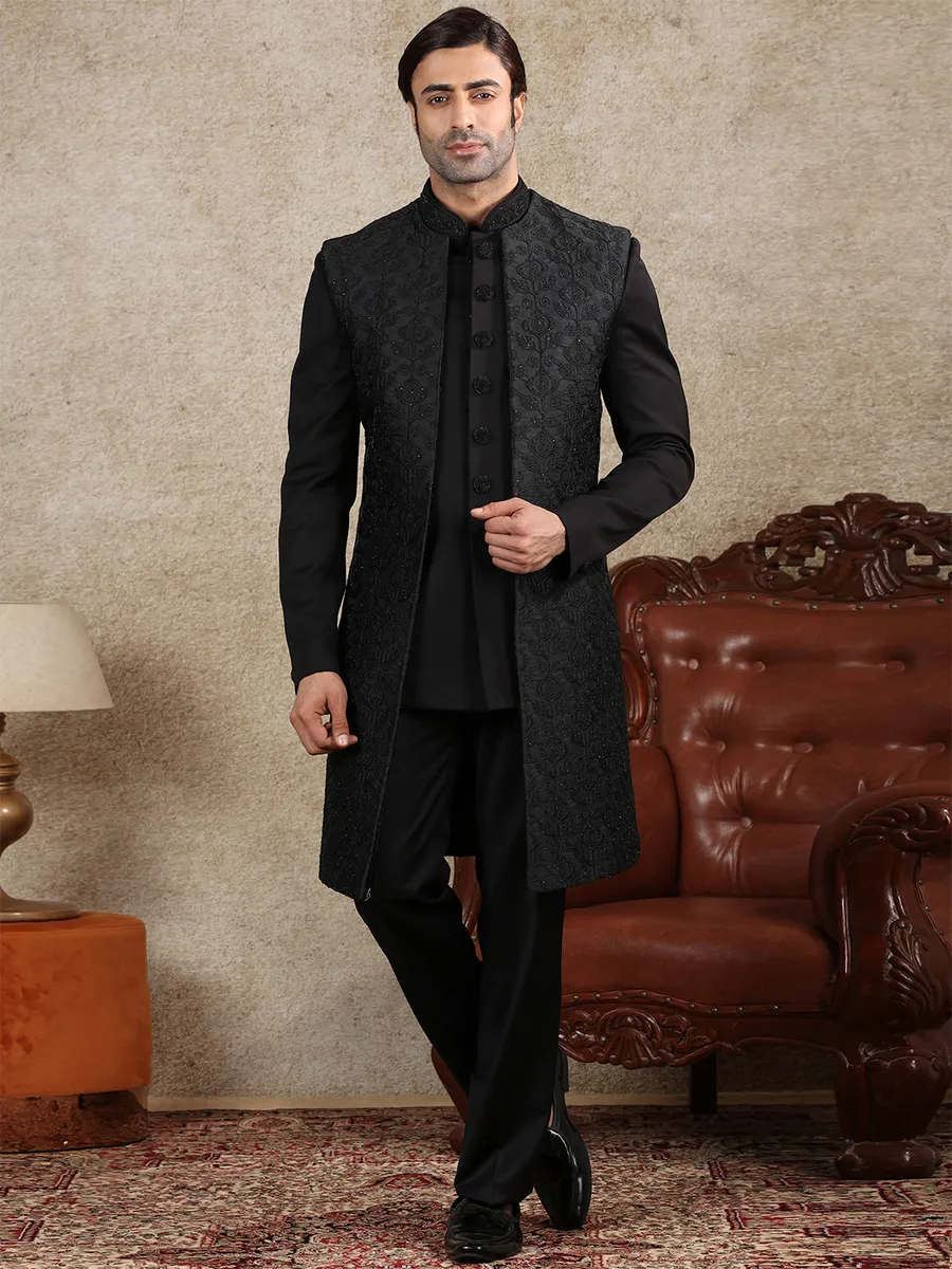 Wedding wear black silk mens indo western