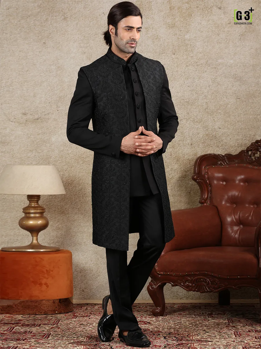 Wedding wear black silk mens indo western