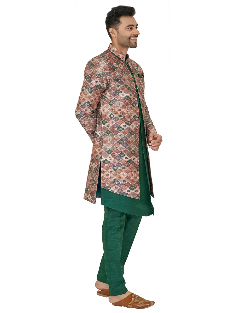 Wedding wear bottle green silk indowestern