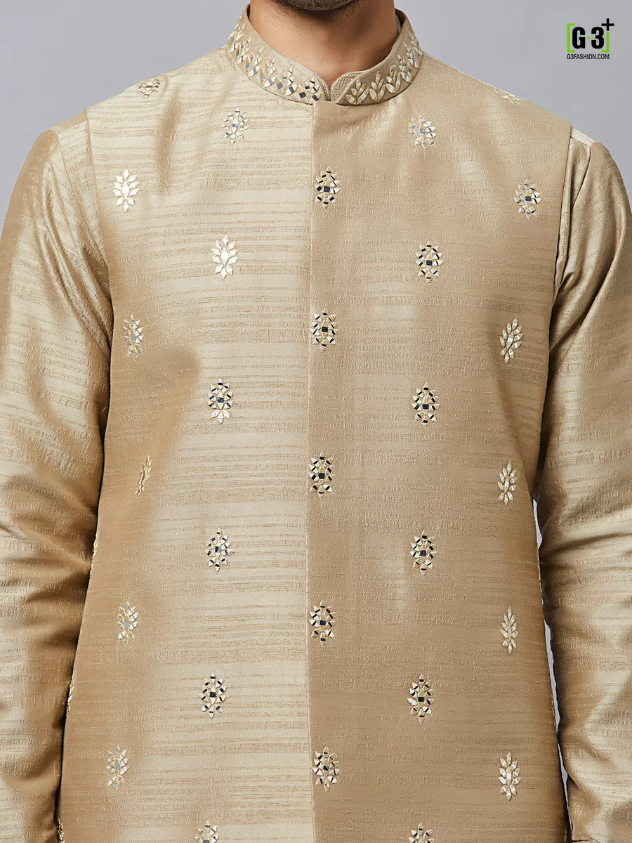 Wedding wear beige waistcoat set with thread work details