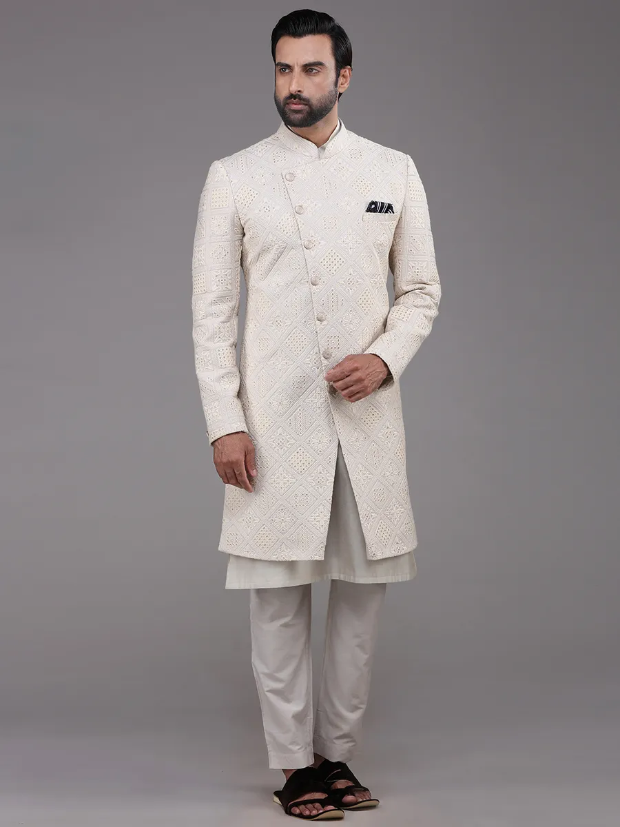 Wedding wear cream mens indo western with kurta