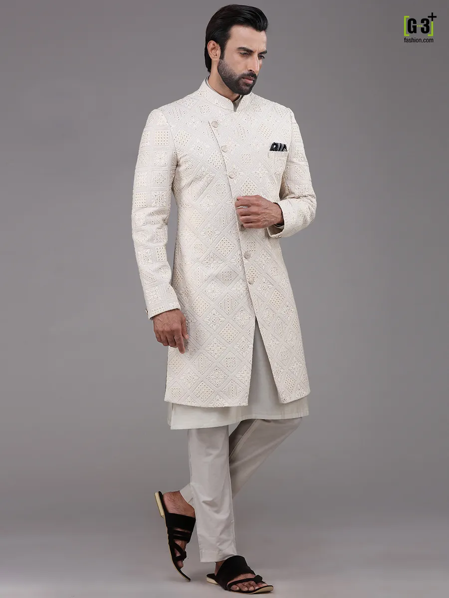 Wedding wear cream mens indo western with kurta