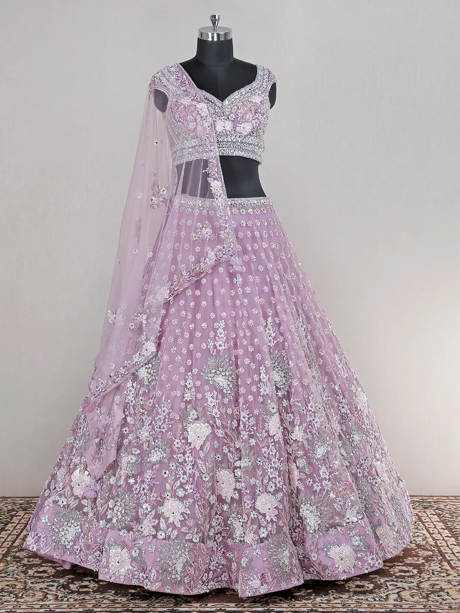 Wedding wear light purple net lehenga choli