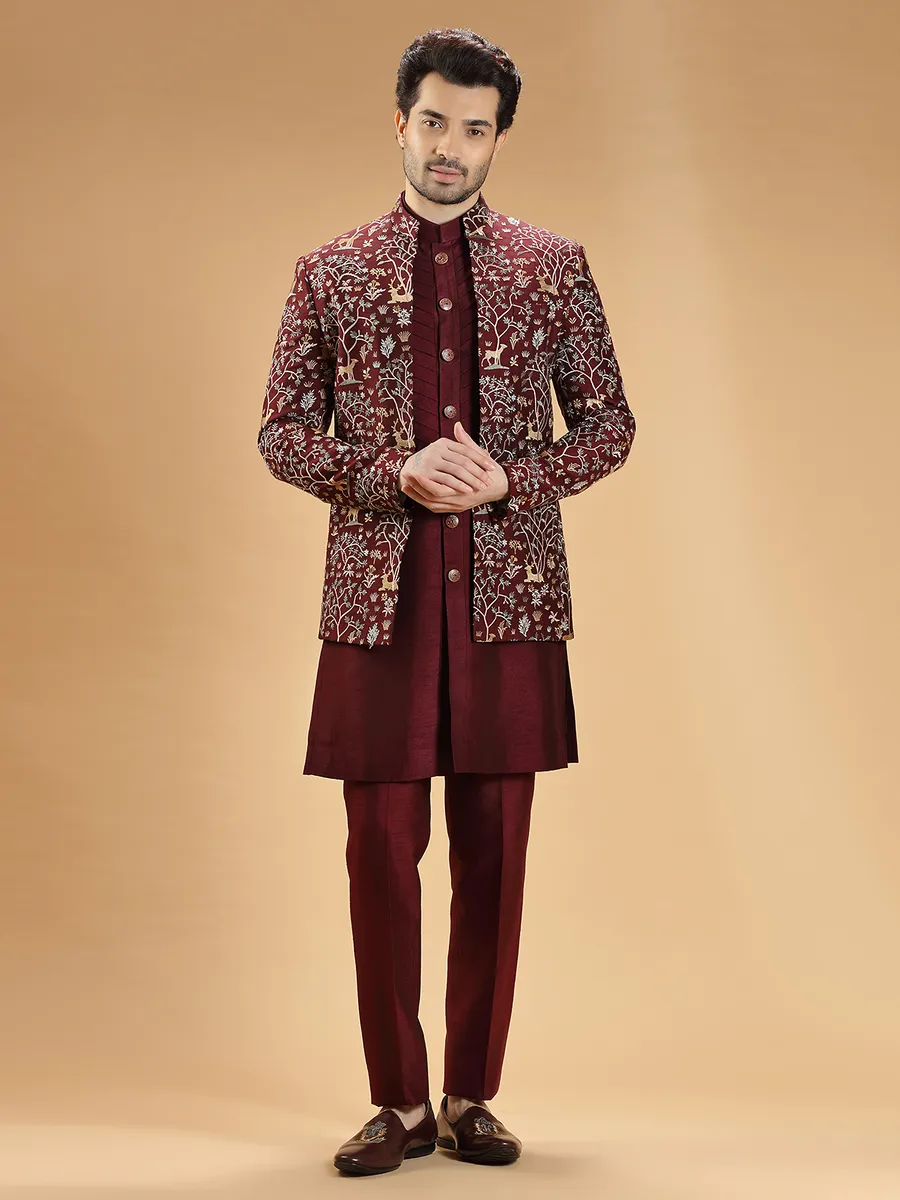 Wedding wear maroon silk indowestern