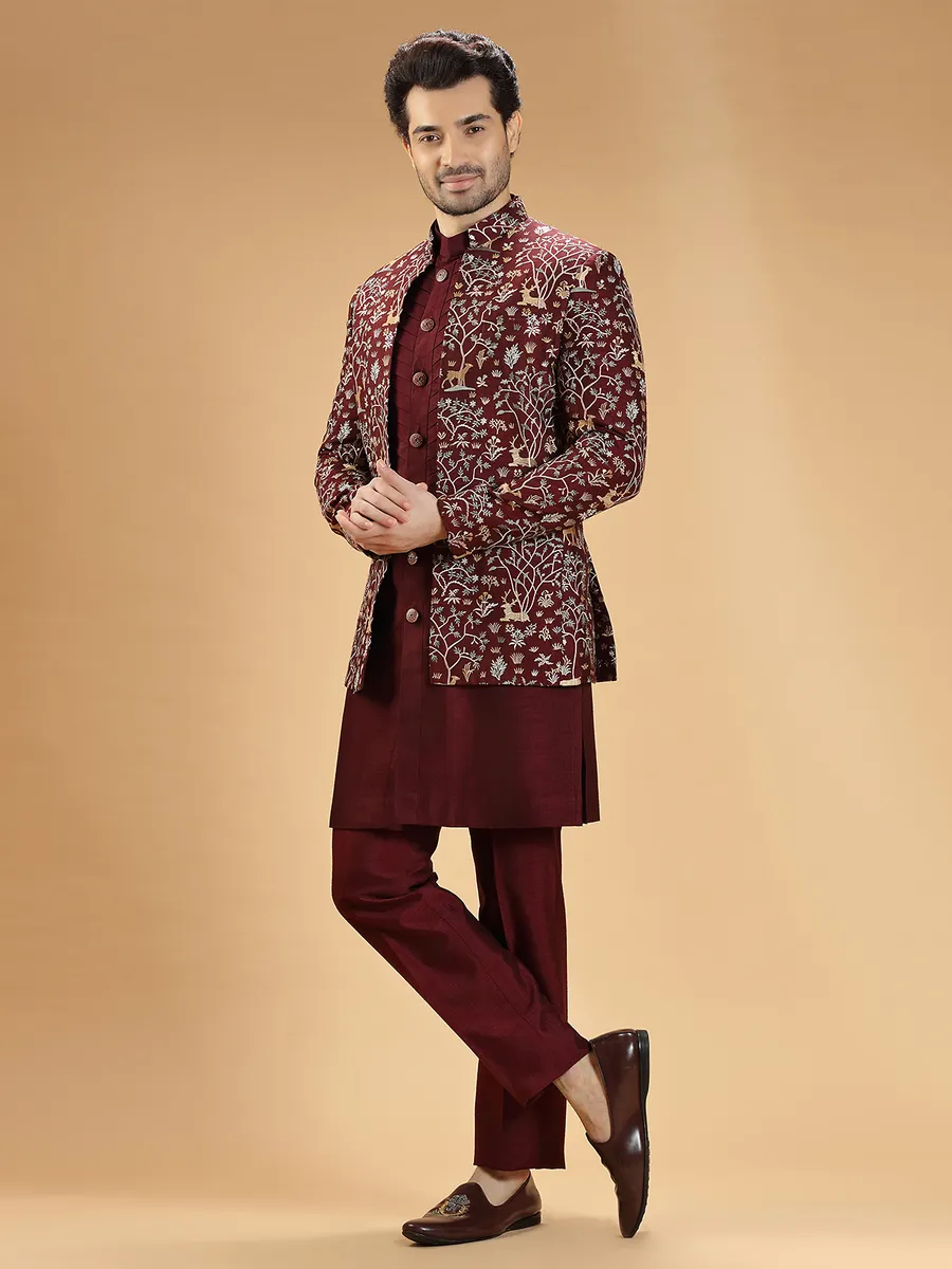 Wedding wear maroon silk indowestern