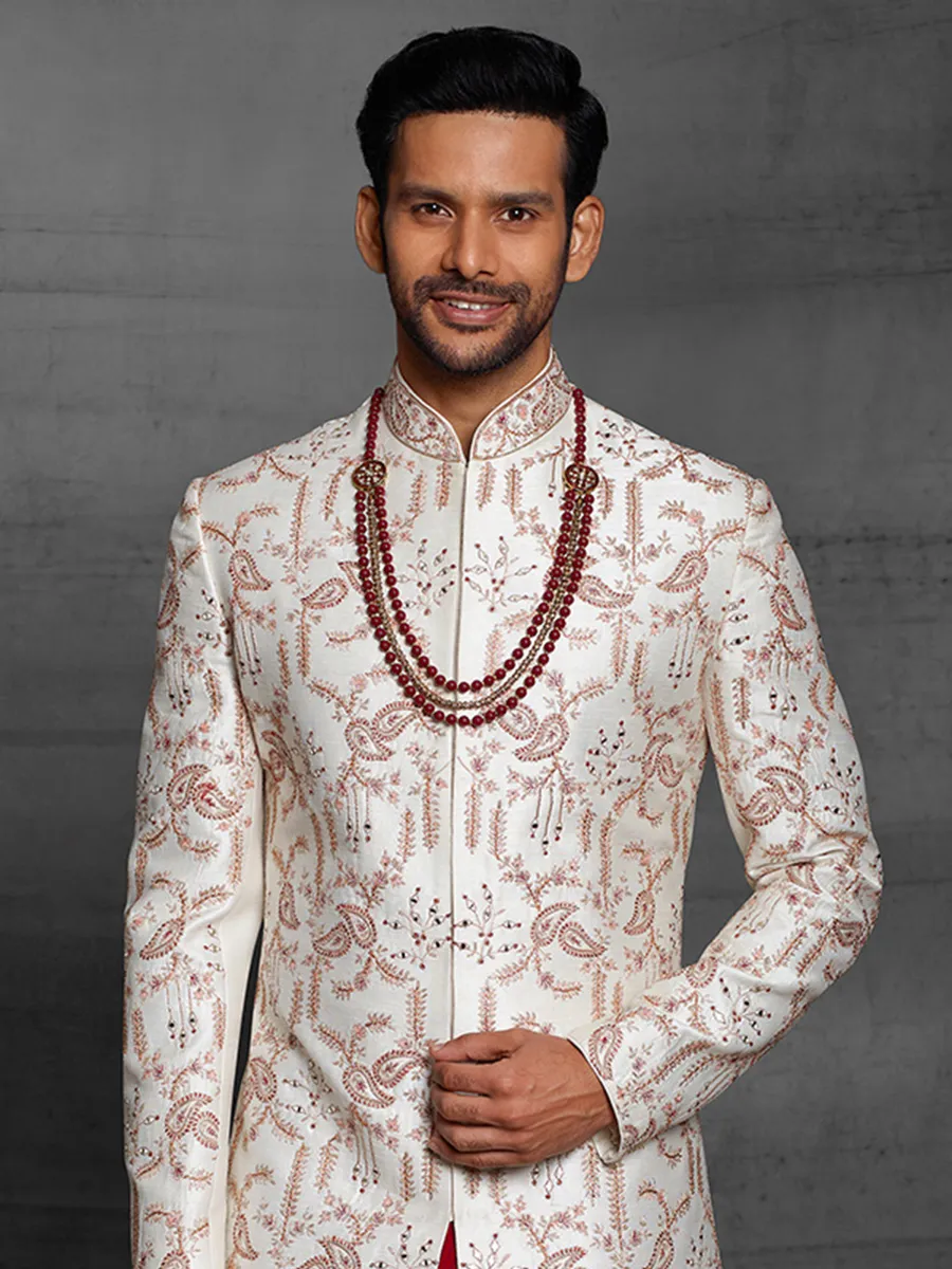 wedding wear raw silk sherwani in cream color