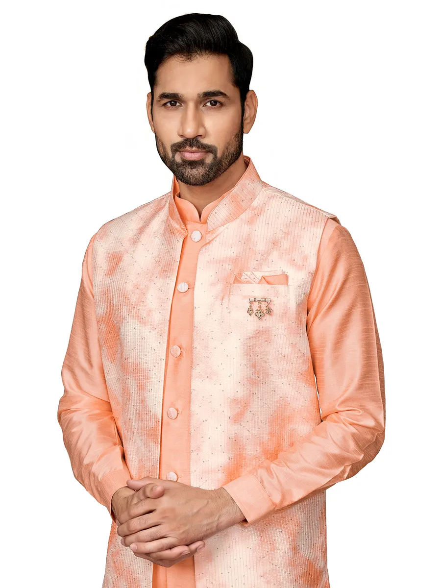 Wedding wear silk indowestern in peach