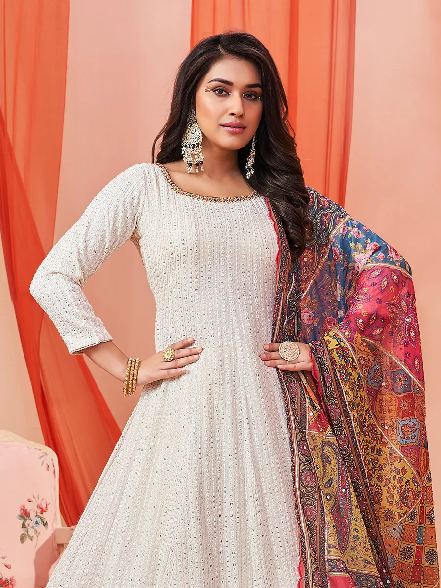White anarkali with colourful dupatta best sale