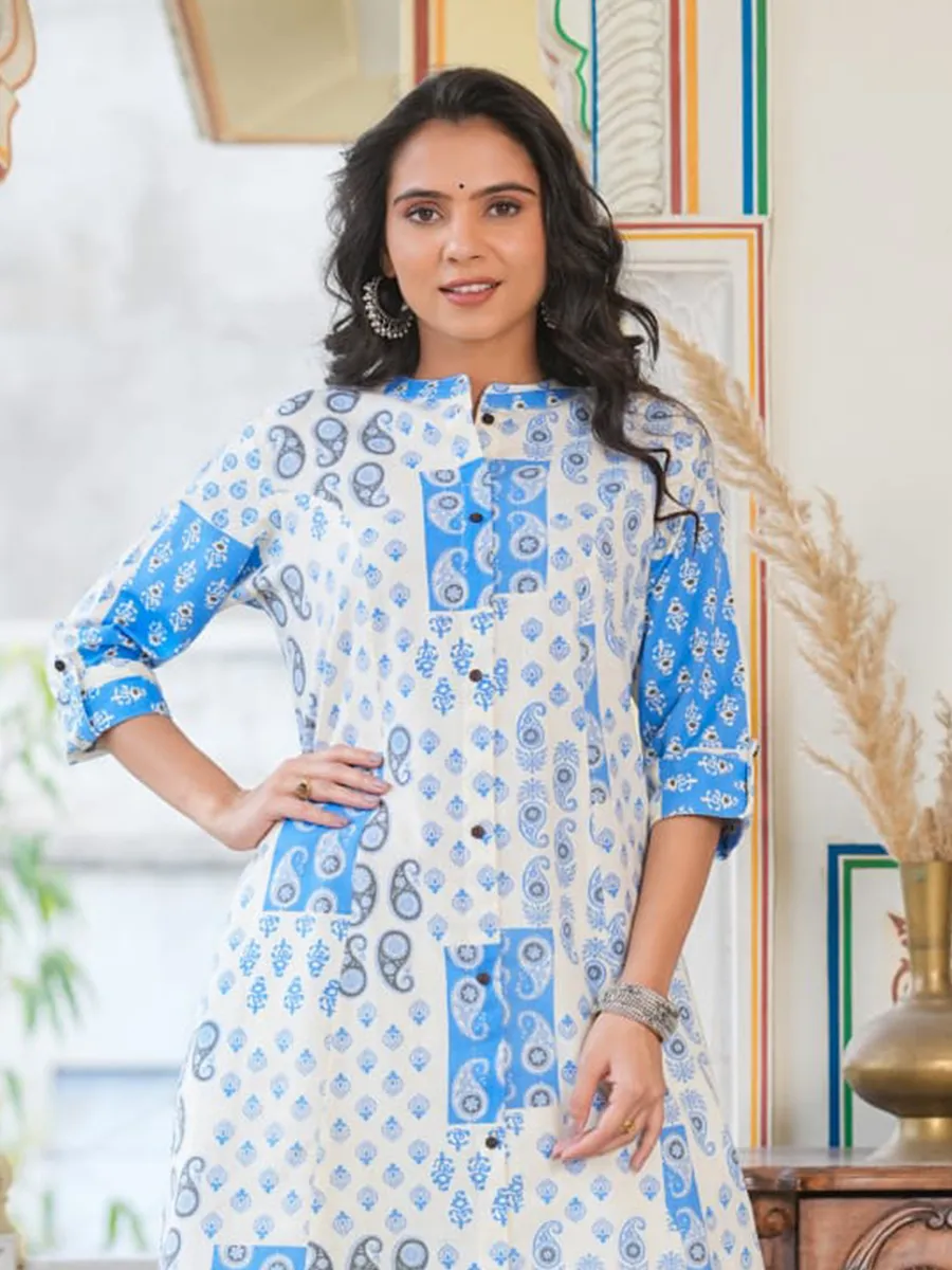 White and blue cotton casual printed kurti