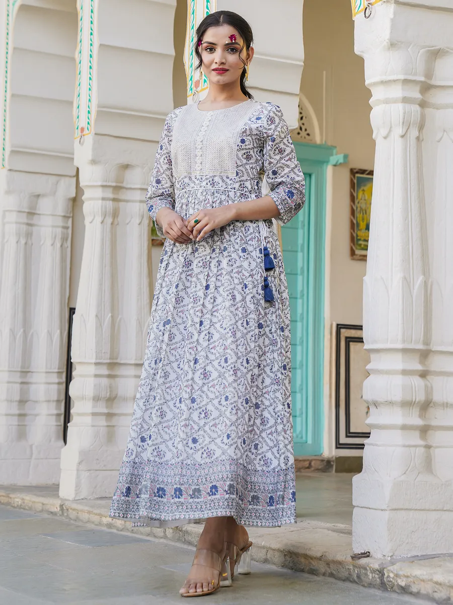 White and blue cotton long printed kurti