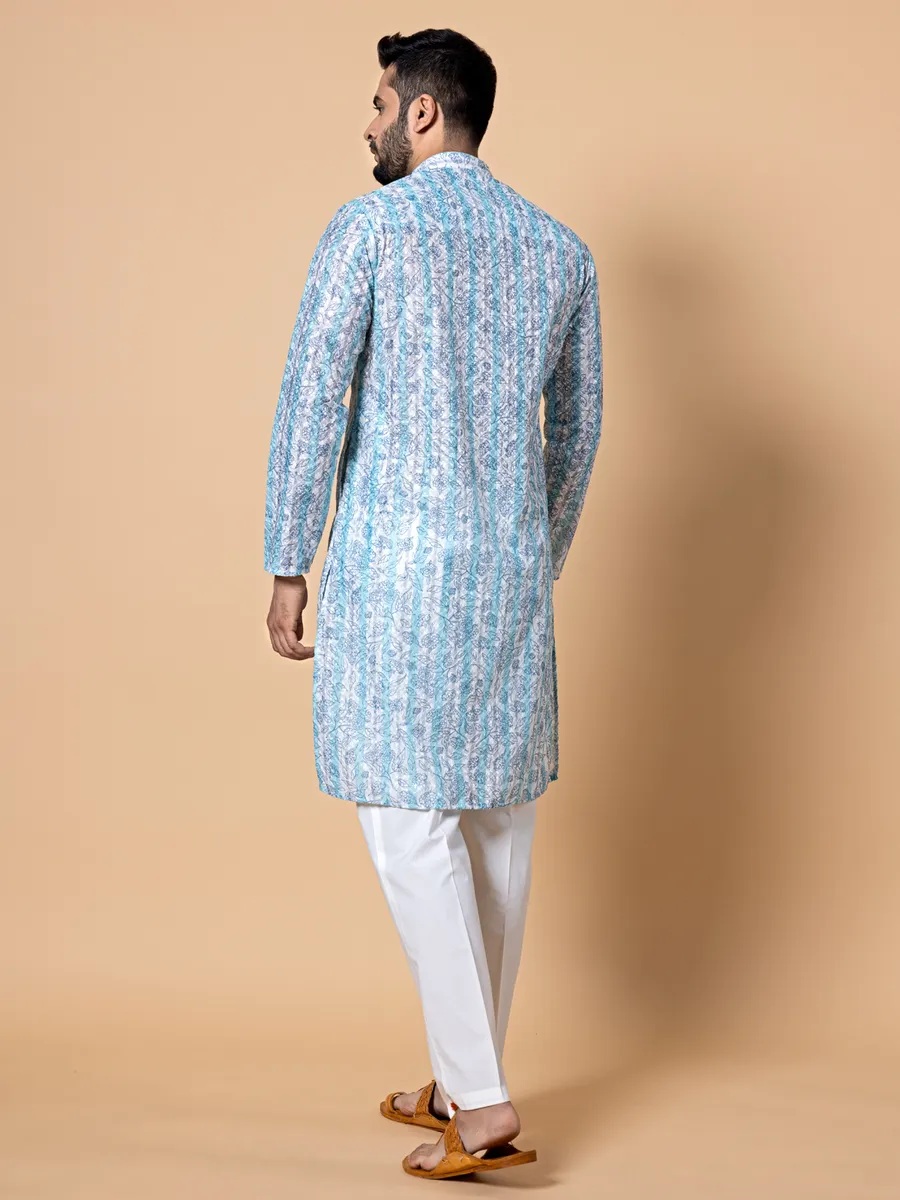 White and blue cotton printed  Men Kurta pajama