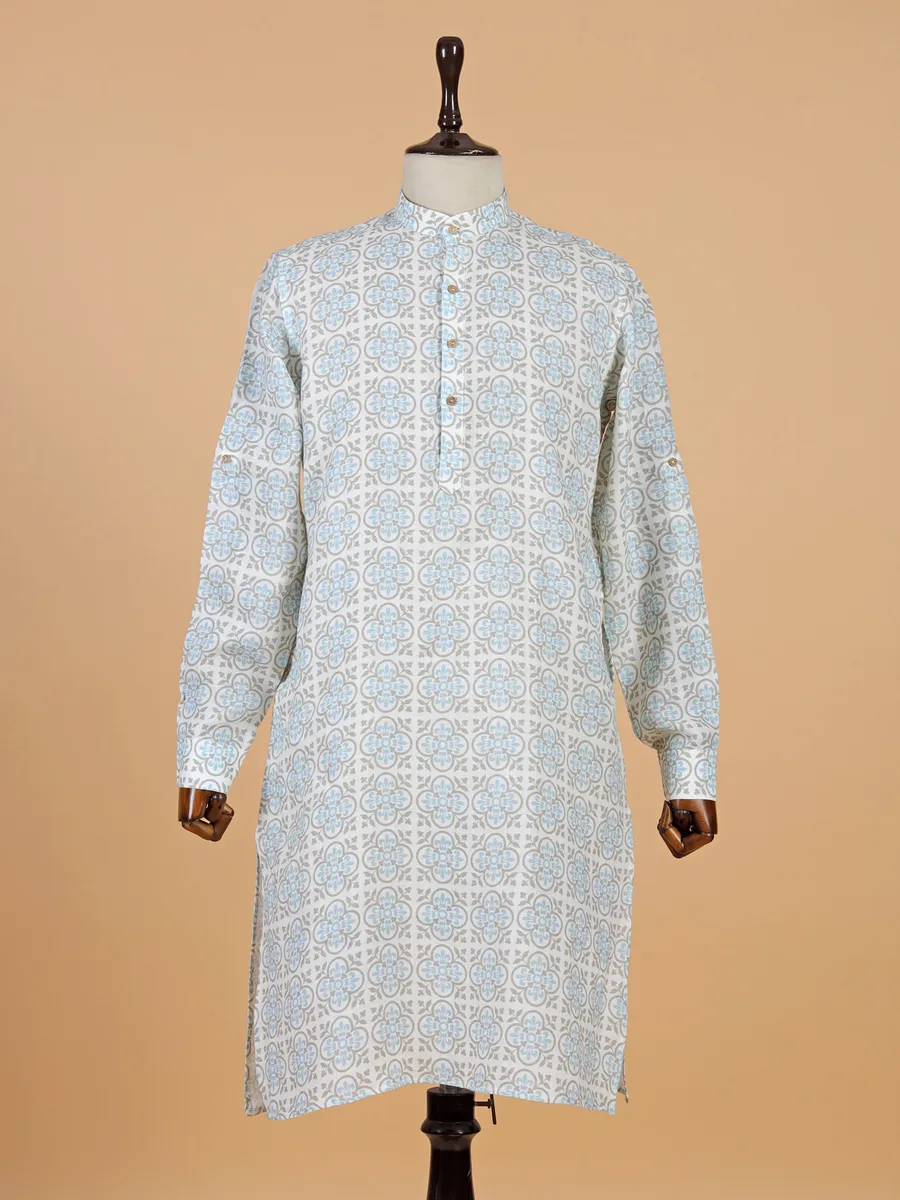 White and blue printed cotton kurta for men