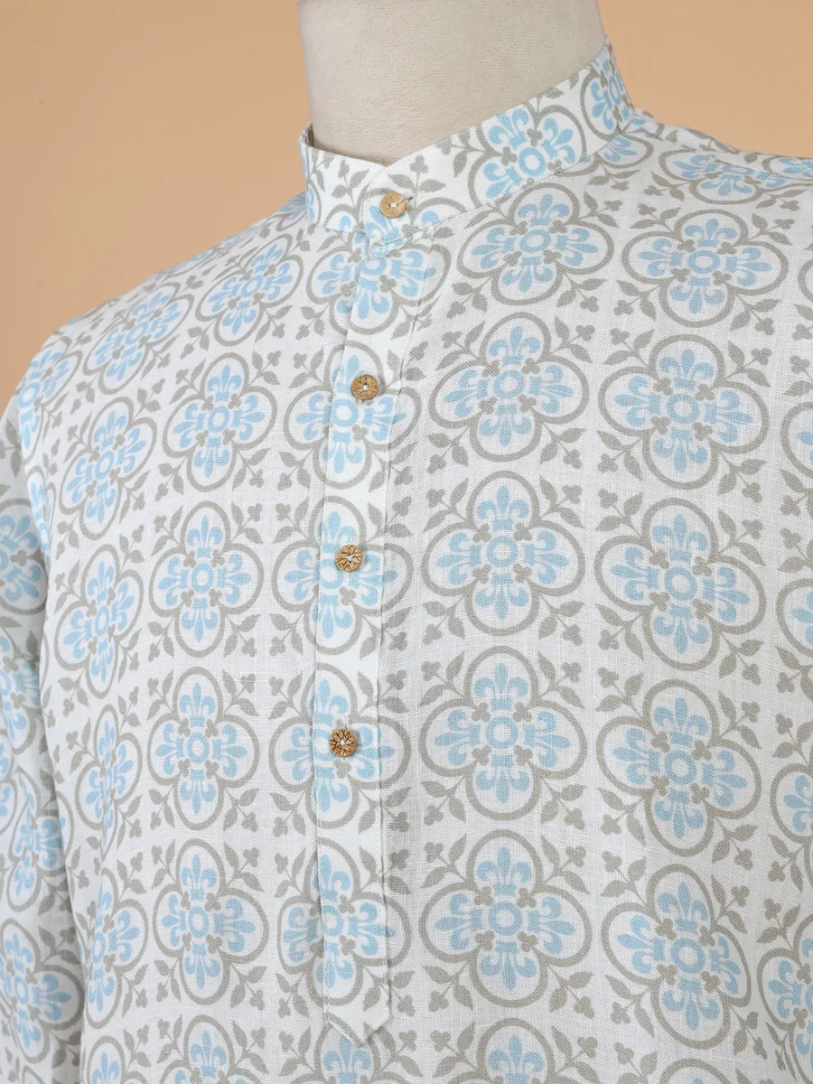White and blue printed cotton kurta for men