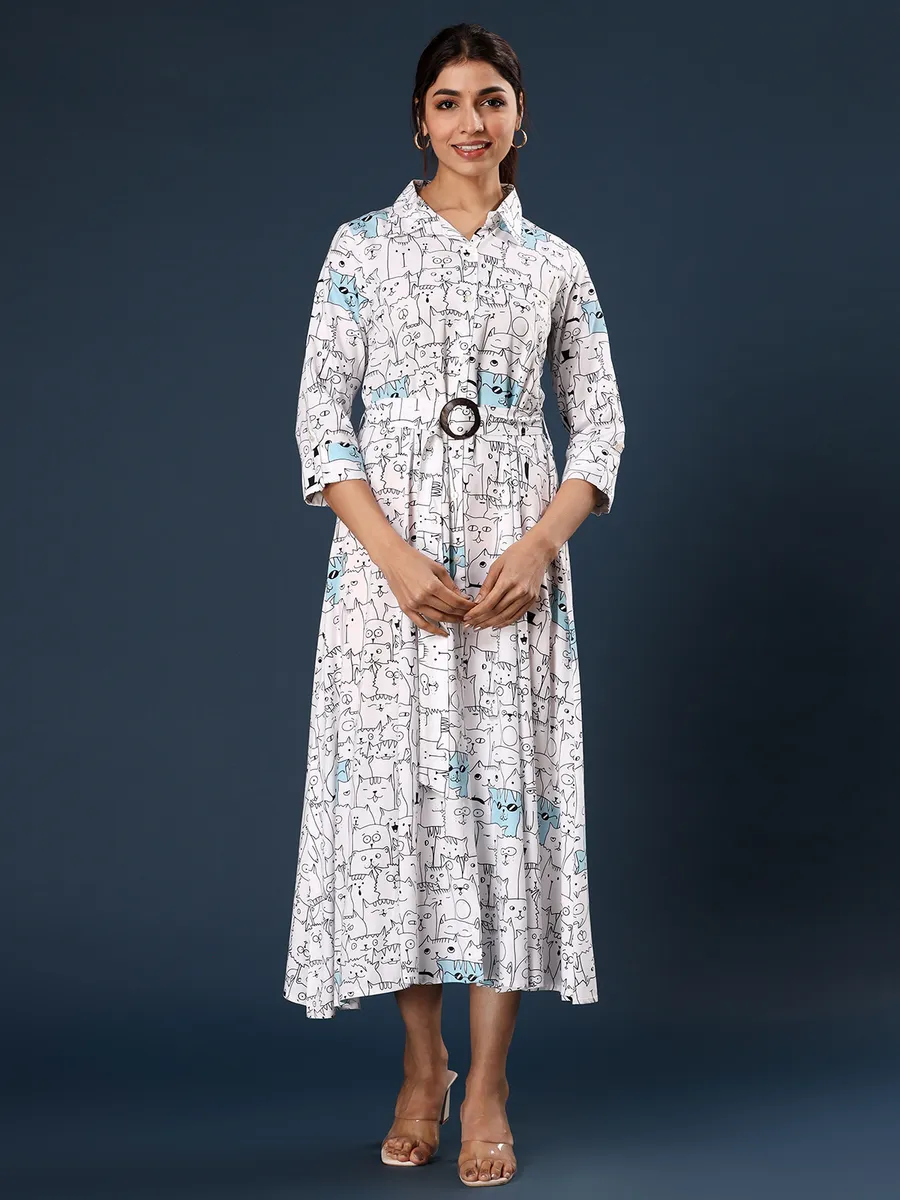 White and blue rayon cotton printed kurti