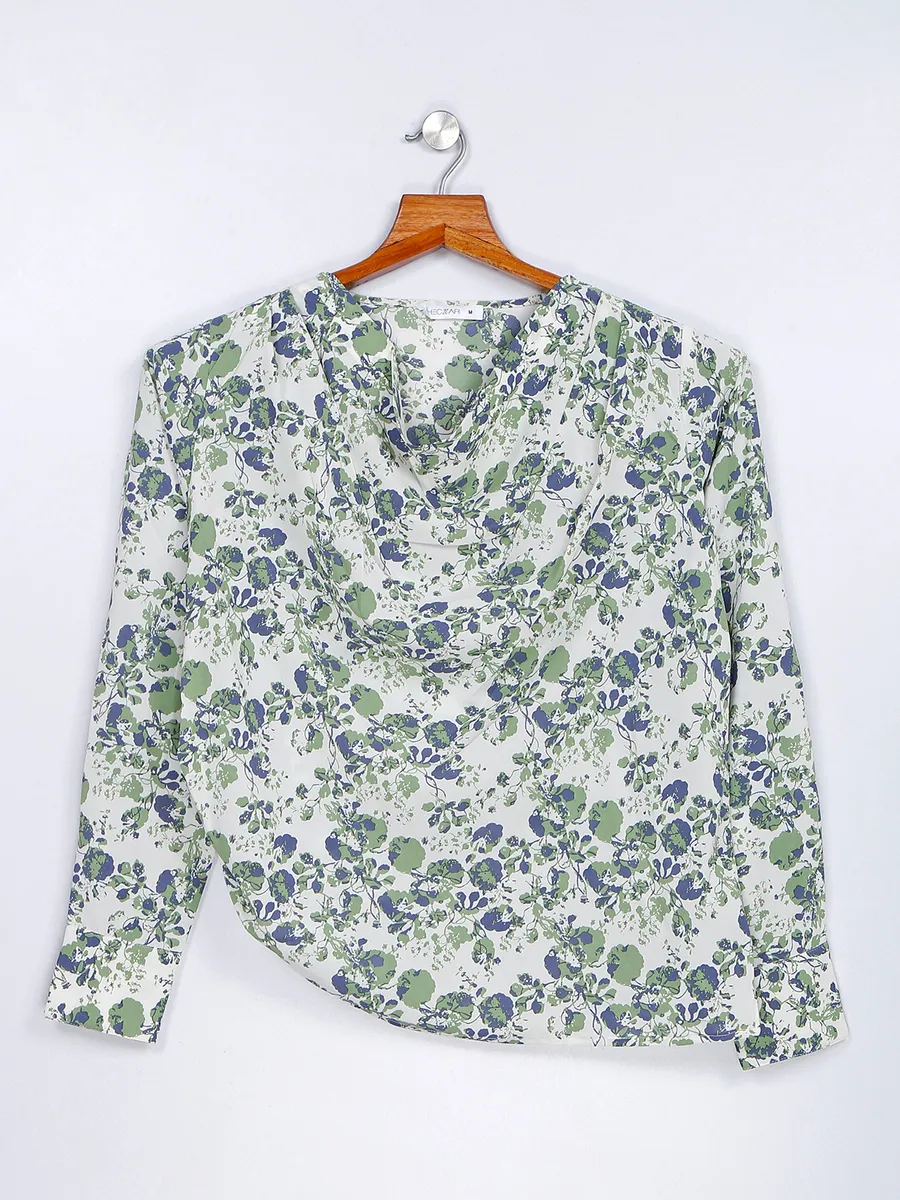 White and green polyester printed top