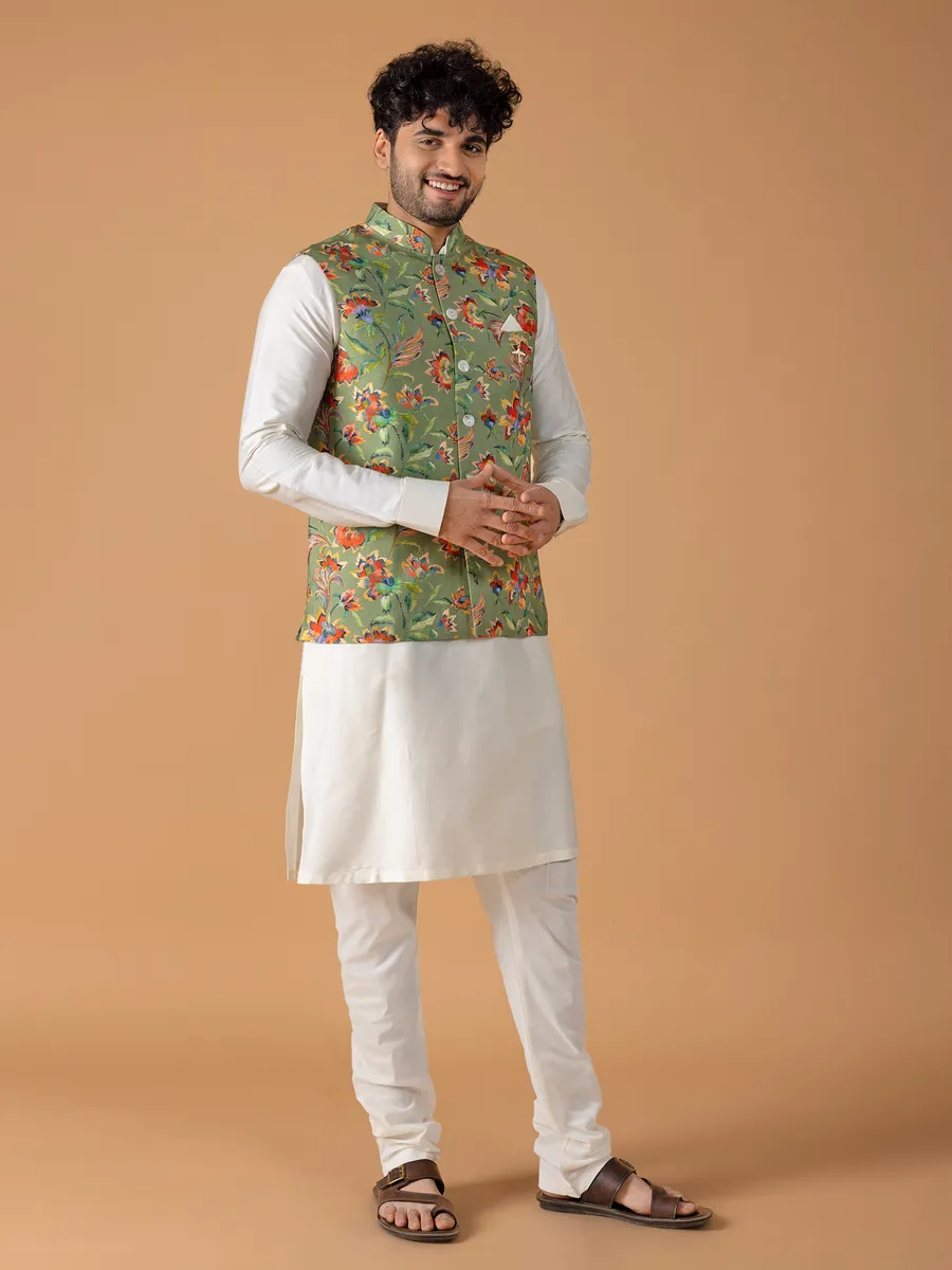 White and green silk waistcoat set