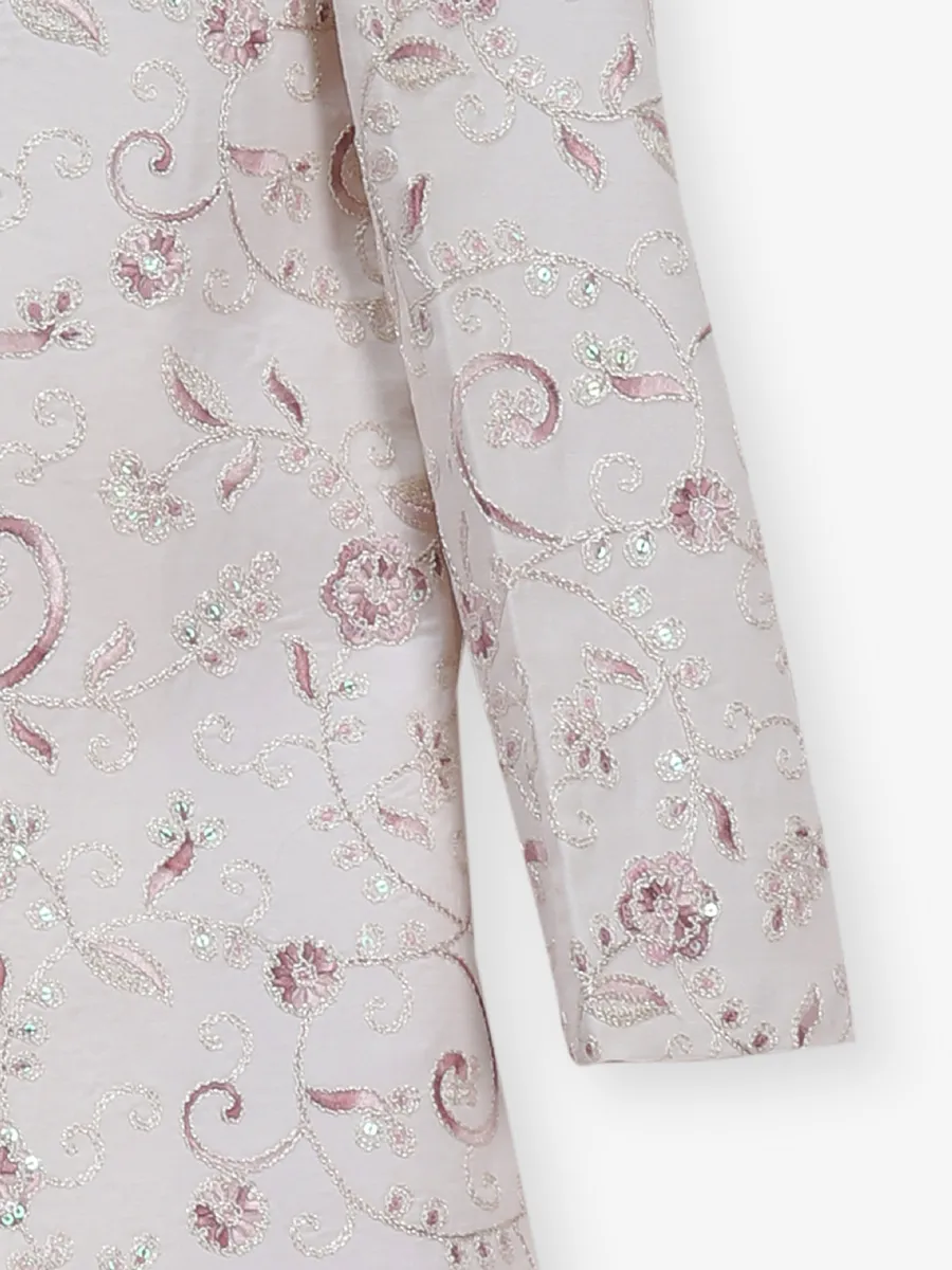 White and light pink silk indowestern set for boys
