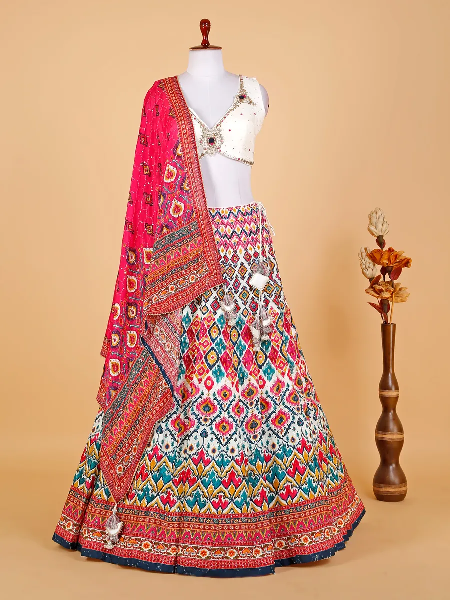 White and magenta silk printed lehenga choli