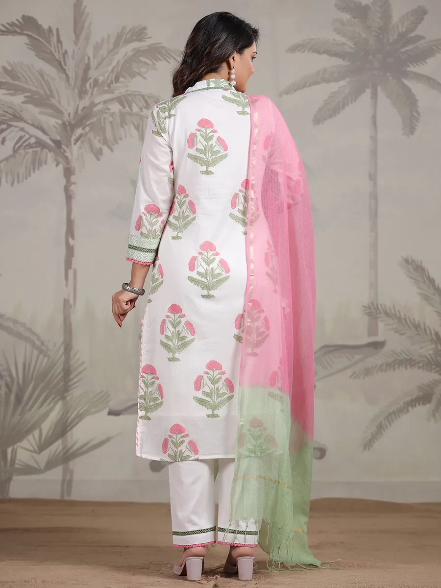 White and pink floral printed cotton kurti set