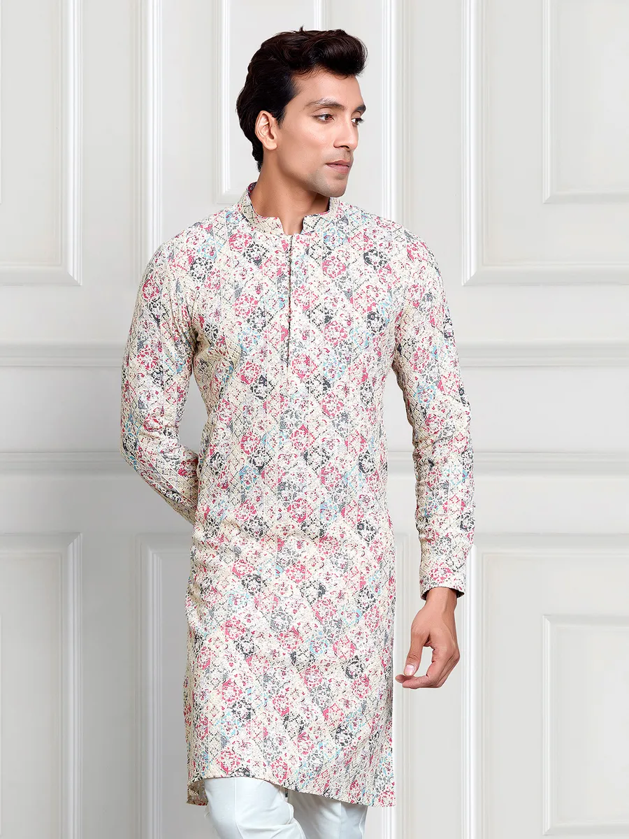 White and pink printed cotton kurta suit