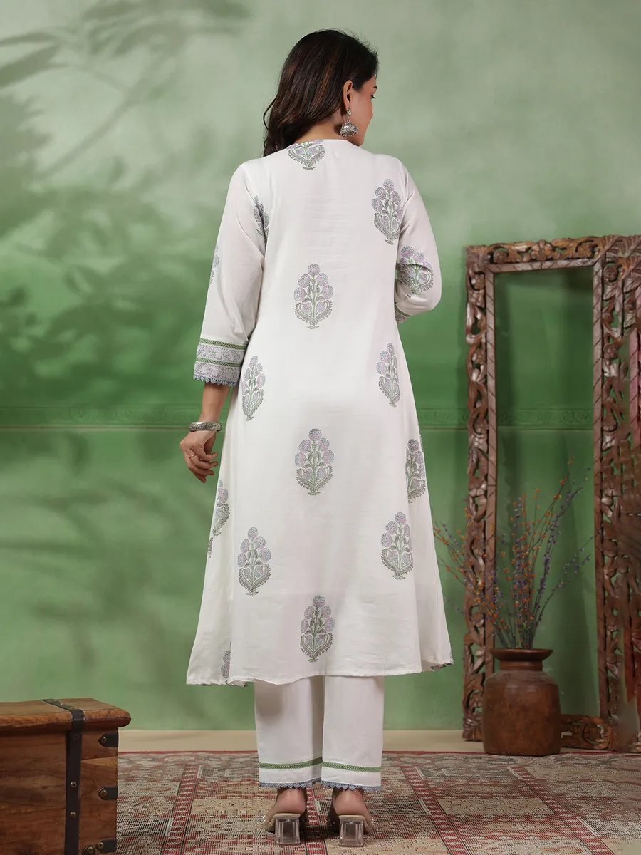 White and purple printed cotton kurti set