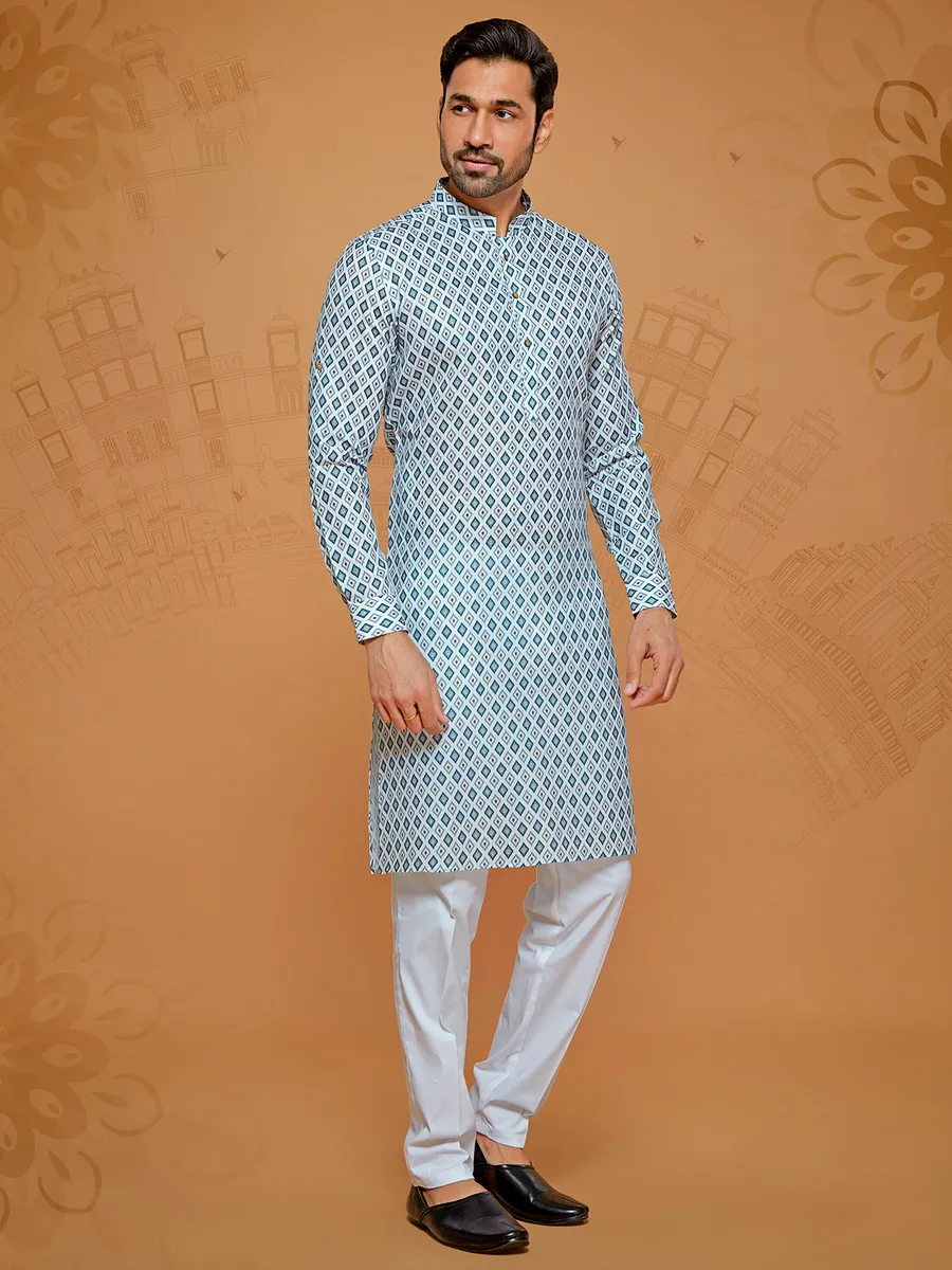White and teal blue cotton printed kurta suit for men