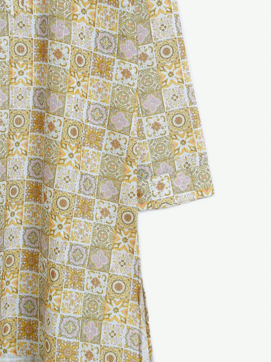 White and yellow cotton printed kurta suit