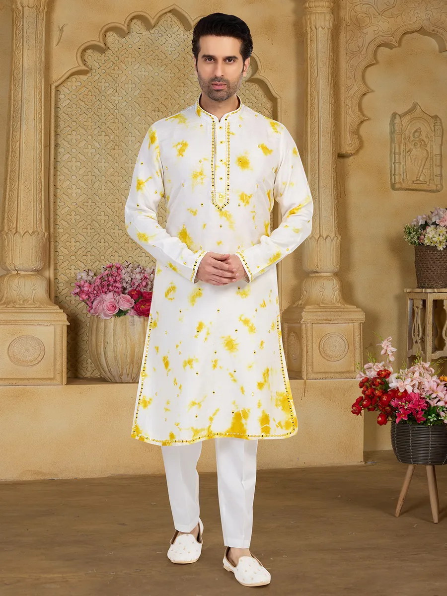 White and yellow printed cotton  Men Kurta pajama