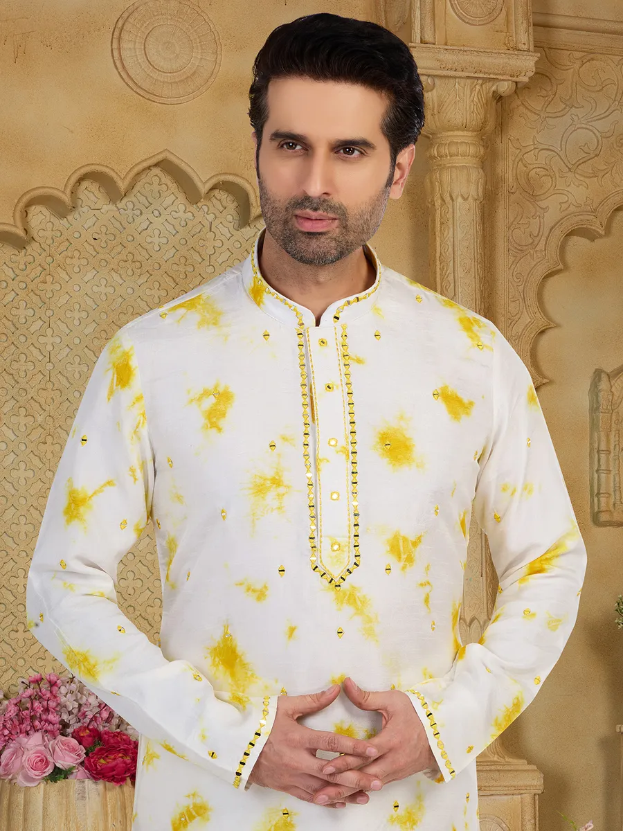 White and yellow printed cotton kurta suit
