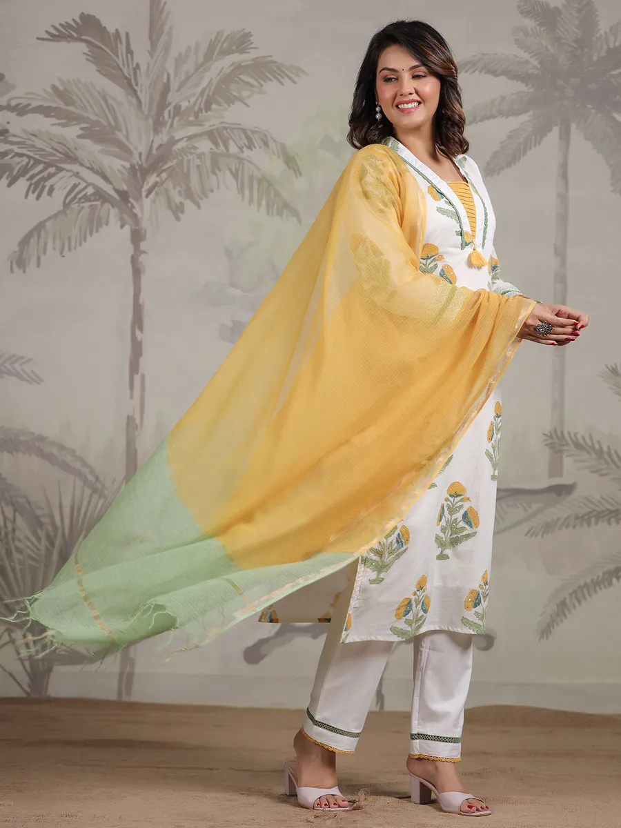 White and yellow printed cotton kurti set