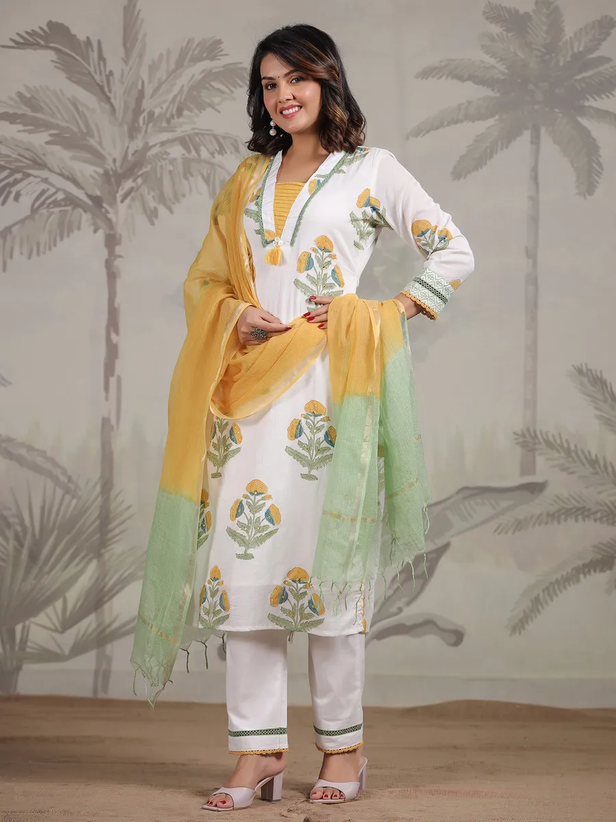 White and yellow printed cotton kurti set